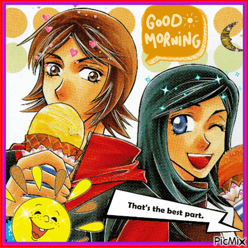 a cartoon of two girls eating ice cream with the words good morning written above them