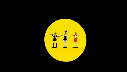 three cartoon girls are standing in a yellow circle