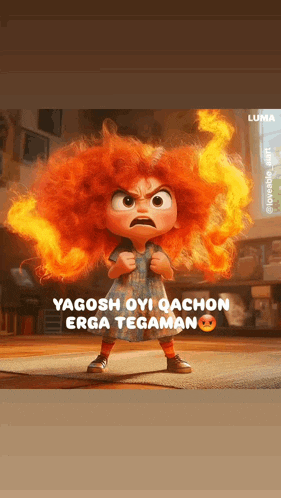 a cartoon girl with red hair is standing in a room with fire in her hair .