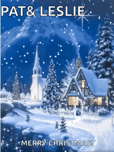 pat and leslie merry christmas greeting card with a church in the background