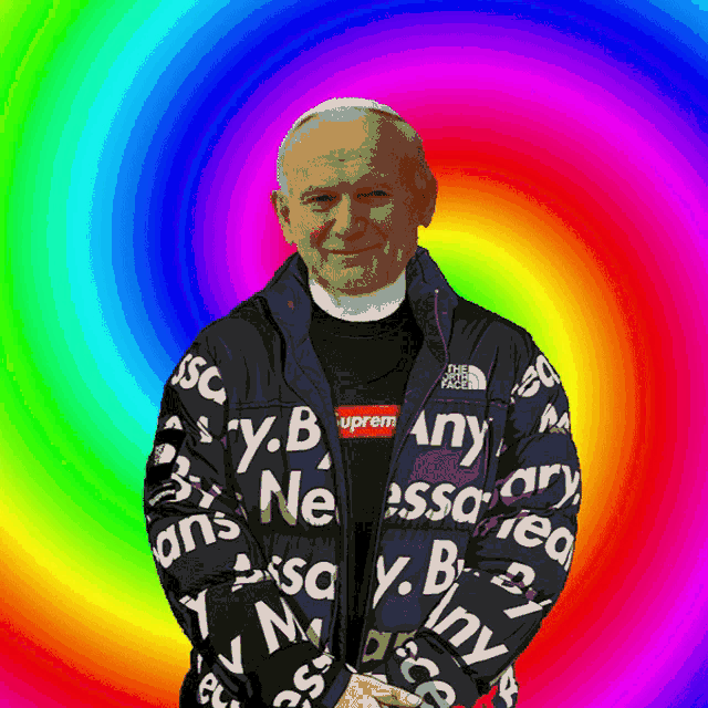 a man wearing a jacket that says " any " on it