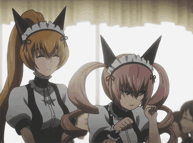 two maids are standing next to each other and one has cat ears