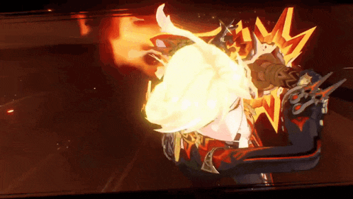 a video game character is holding a sword and a flame is coming out of it