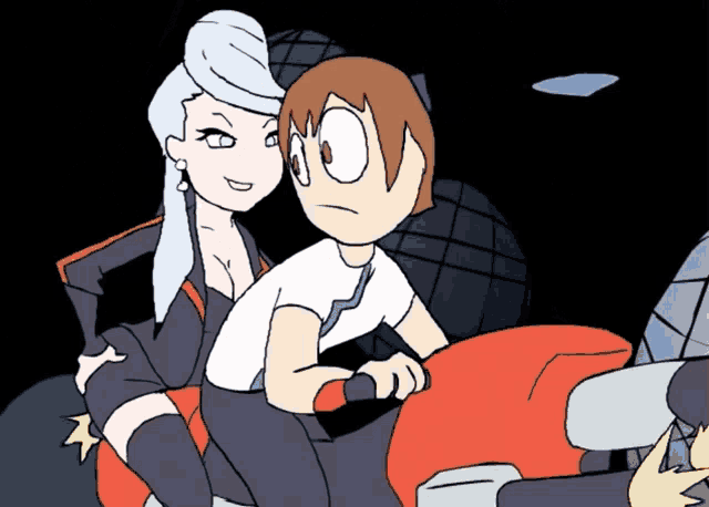a cartoon of a man and a woman riding a red motorcycle