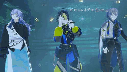three anime characters are standing next to each other in front of a sign that says " zero "