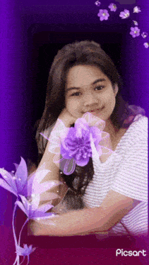 a picture of a girl with purple flowers and the word picsart