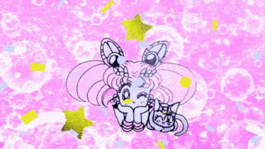 a drawing of a girl and a cat on a pink background with stars