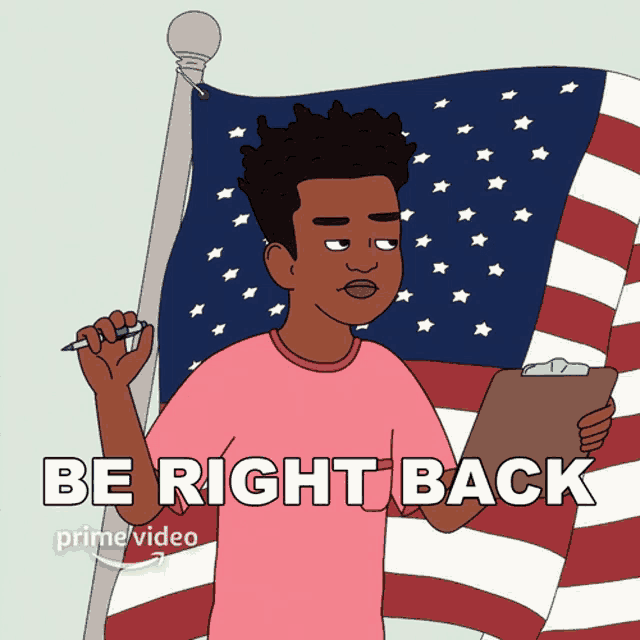 a cartoon of a man holding a clipboard with the words " be right back "