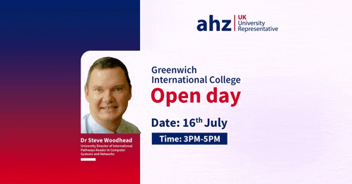 an advertisement for greenwich international college open day on july 16th