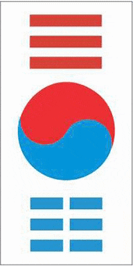 a korean flag with a red blue and white circle and lines