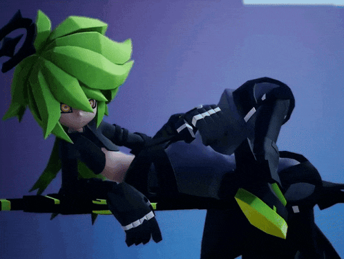 a cartoon character with green hair is laying on the ground