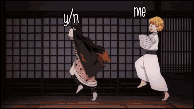 a cartoon of a girl and a boy with the words y / n me written above them