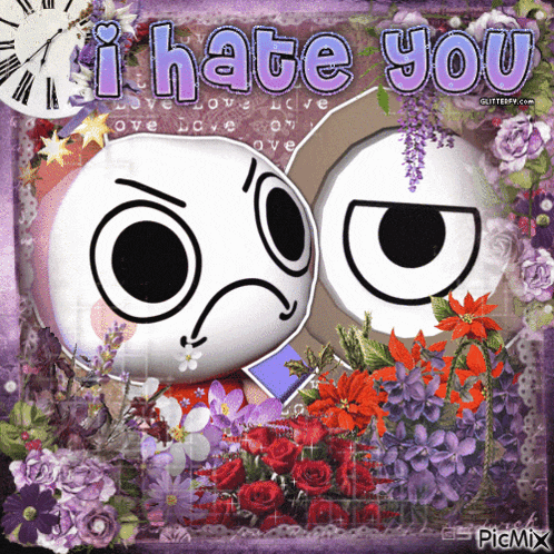 a picture of two smiley faces with the words i hate you on it