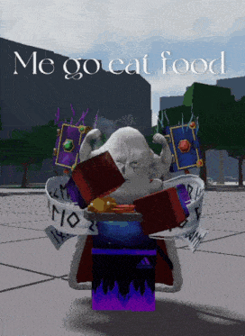 a picture of a cartoon character with the words me go eat food