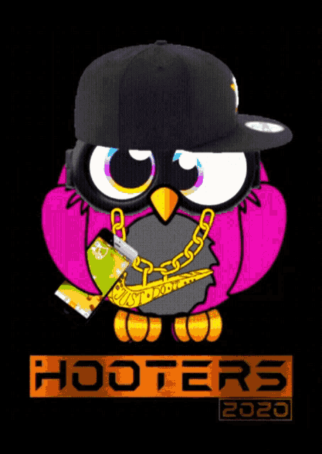a cartoon owl wearing a hat and chains with hooters 2020