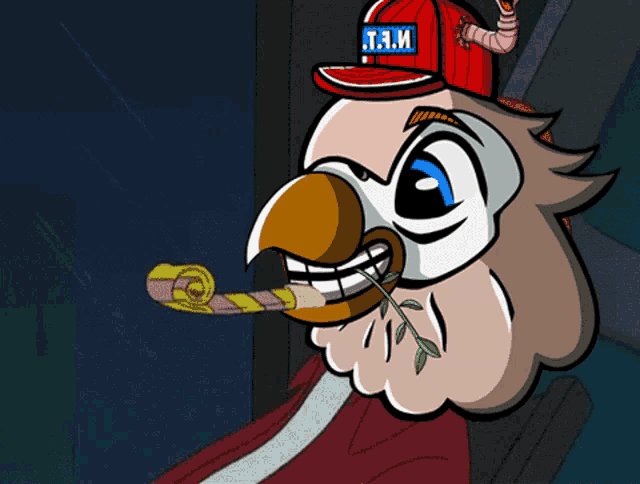 a cartoon owl wearing a red hat with t.a.m. on it
