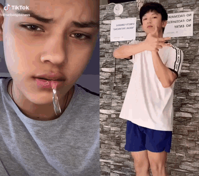 a tiktok video of a young man with a sign on the wall that says pyramid on it