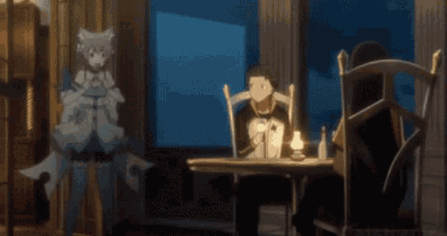 a man sits at a table while a skeleton stands in front of him