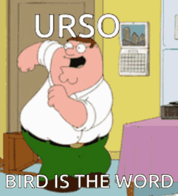 a cartoon of peter griffin with the words bird is the word