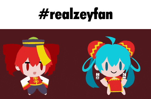 two cartoon characters are standing next to each other under a #realzeyfan hashtag