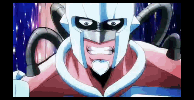 a close up of a cartoon character with a heart in his mouth and a helmet on .