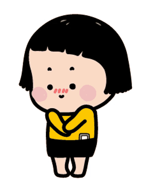 a cartoon girl with short black hair wearing a yellow shirt and black skirt