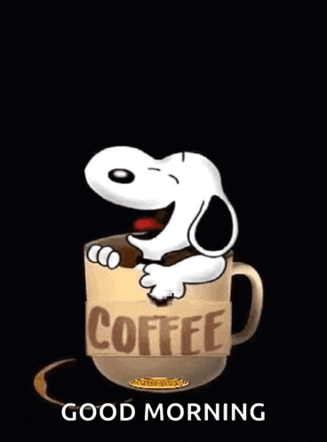 a cartoon of snoopy in a cup of coffee with the words tuesday begins after good morning