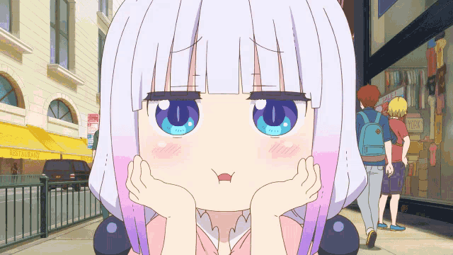 a girl with white hair and blue eyes is making a face in front of a restaurant