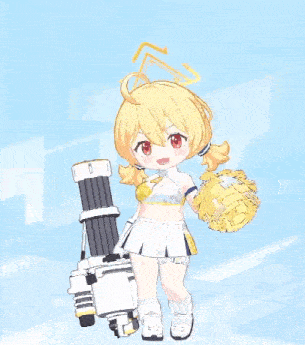 a girl in a cheerleading outfit is kneeling down with a gun in her lap .