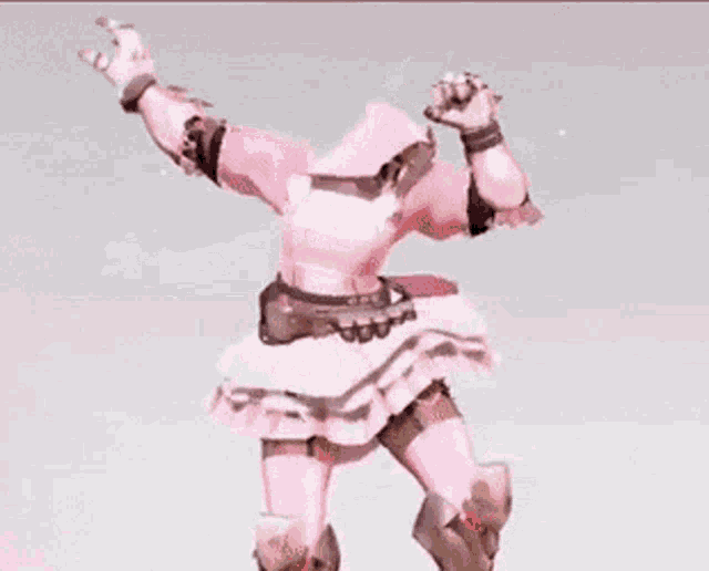 a person in a pink dress and armor is dancing .