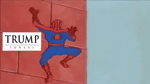 a cartoon of spider man climbing a wall with a trump towers logo in the background
