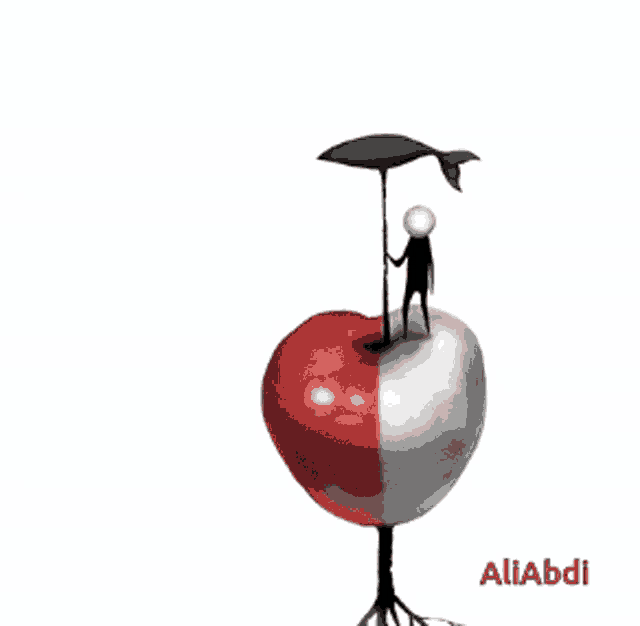 a cartoon of a man standing on top of a half red half white apple