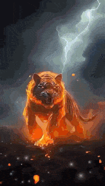 a tiger is surrounded by flames and lightning in a painting .