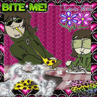 a cartoon of a man biting a slice of pizza with the words bite me i love you