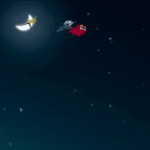 a cartoon character is flying through the air while a shark is flying in the background .