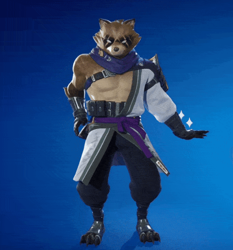 a raccoon wearing a white and purple outfit holds a target in his hand