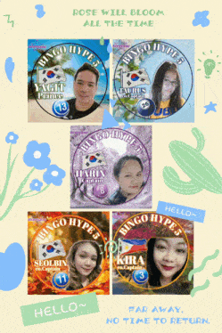 a collage of bingo hypes badges with flowers and the words rose will bloom all the time on the bottom