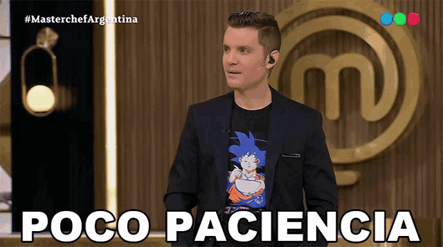 a man in a suit stands in front of a sign that says poco paciencia