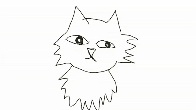 a black and white drawing of a cat 's face with a slight smirk on its face