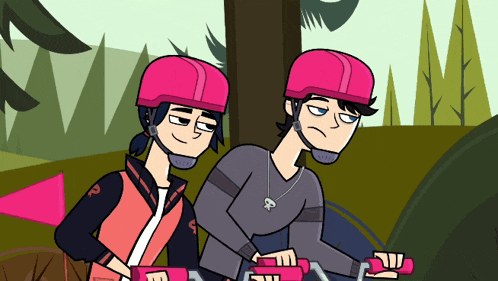 two cartoon characters wearing pink helmets are riding bikes together