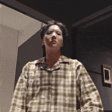 a man in a plaid shirt is standing in front of a door