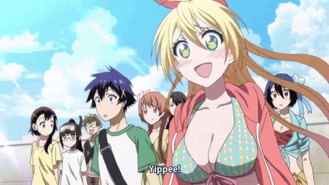 a girl in a bikini says yippee in front of a crowd