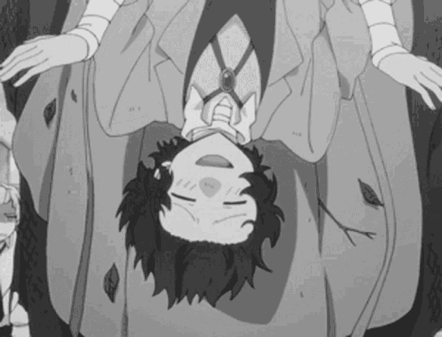 a black and white drawing of a man laying upside down .