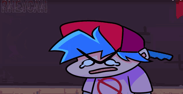a cartoon of a boy with blue hair and a purple hat with the word rheyc on the bottom