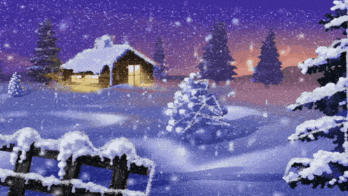 a snowy scene with a cabin and trees in the foreground