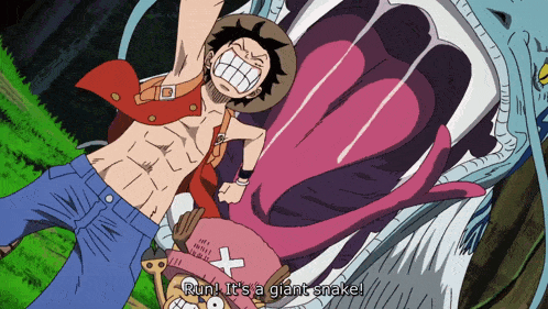 a cartoon character says run it 's a giant snake in front of a giant snake