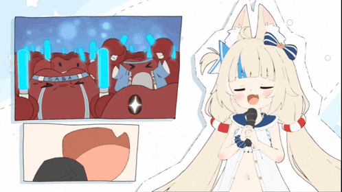 a cartoon drawing of a girl singing into a microphone with the word osaka on her shirt
