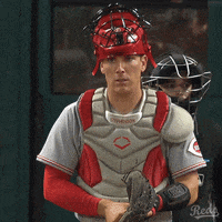 a baseball player wearing a helmet and catcher 's gear with the word reds on it