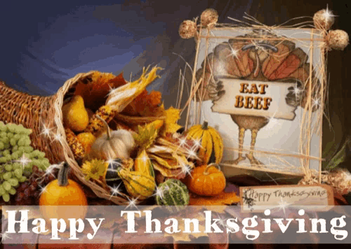 a happy thanksgiving greeting card with a cornucopia full of fruits and vegetables