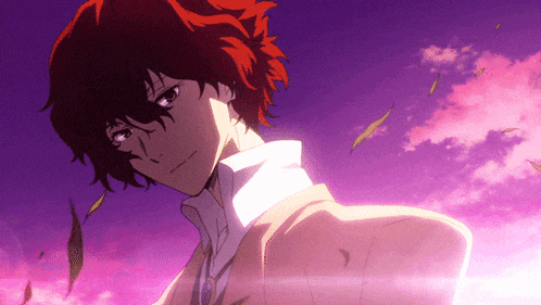a man with red hair and a purple sky in the background